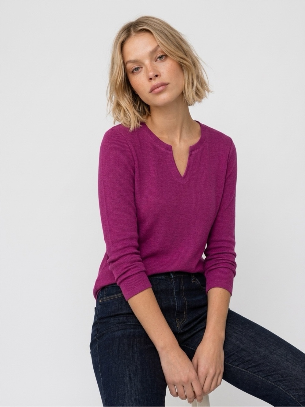 Cabi Simple Tee Ribbed V-Neck Long Sleeve Top Magenta Size S